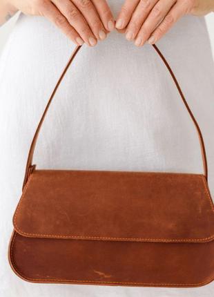 Жіноча сумка багет ручної роботи з натуральної вінтажній шкіри коньячного кольору1 фото