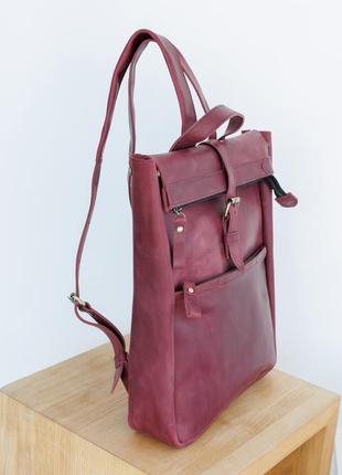 Стильный рюкзак ручной работы из натуральной винтажной кожи бордового цвета3 фото