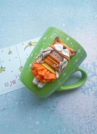 Кружка з декором з полімерної глини дівчинка лисичка