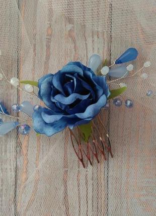 Гребешок для волос цветок хрусталь синий3 фото