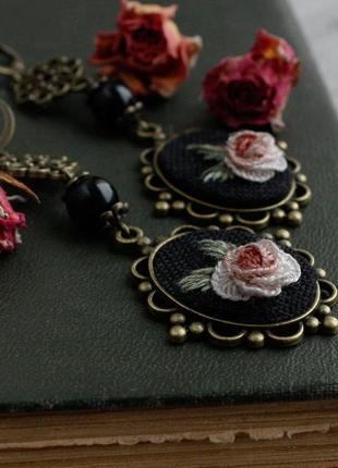 Черные дли серьги с агатом и розами длинные нарядные серьги подвески ретро винтаж5 фото