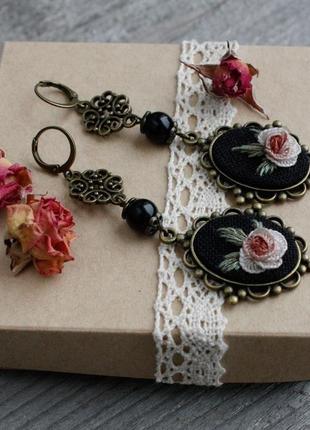 Черные дли серьги с агатом и розами длинные нарядные серьги подвески ретро винтаж4 фото