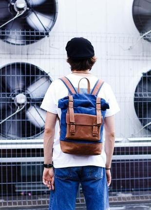 Функциональный мужской рюкзак арт. оксфорд из хлопка и натуральной винтажной кожи7 фото