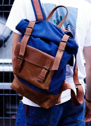 Функціональний чоловічий рюкзак арт. оксфорд з бавовни і натуральної вінтажної шкіри1 фото