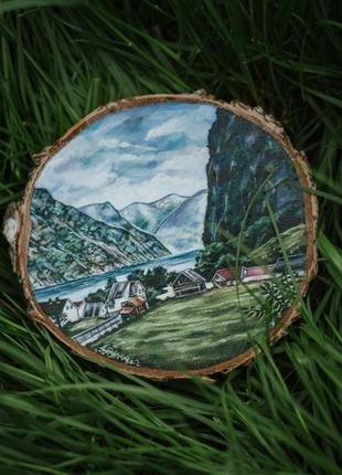 Живопис на зрізі дерева "норвезький пейзаж".3 фото