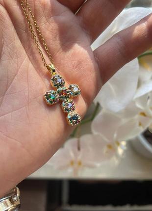 Шикарный крестик кулон на шею, подвеска золотая, стильный аксессуар, бижутерия люкс