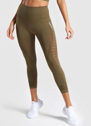 Вкорочені легінси gymshark в кольорі хакі xs s з широкою резинкою/ з перфорацією/...