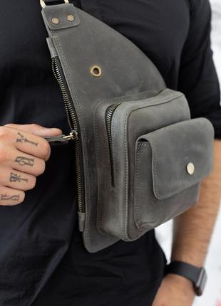 Мужская сумка-кобура серого цвета из натуральной винтажной кожи3 фото