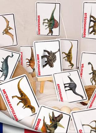 Дитячі навчальні картки домана ‘‘динозаври’’ французькою мовою, у наборі 16 карток