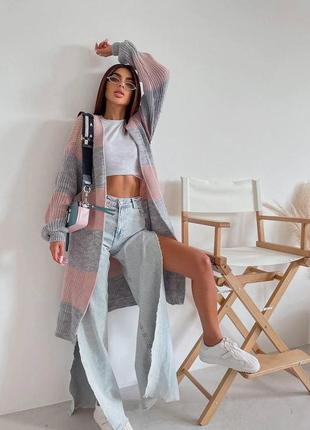 Кардиган жіночий з розрізами колір рожевий-сірий  431534