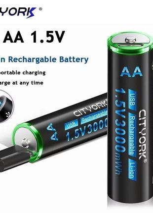 Акумулятор aa cityork 1.5v 3000mwh usb aa lithium battery, літій-іонний usb акумулятор