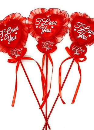 Валентка на паличці "i &hearts; you" з мереживом червоного кольору
