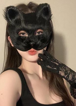 Маска котик кот кошки для квадробики пушистая карнавальная черная