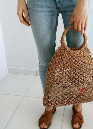 Плетеная сумка, форма авоська, бежевая1 фото