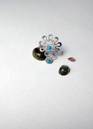 Серебряное кольцо на палец ноги "цветочек с завитком", бирюза, сердолик, родохрозит, турмалин4 фото
