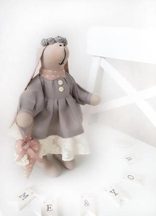 Винтажная зайка тильда пасленьно серой гаммы оригинальный подарок игрушка