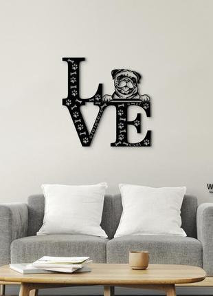 Панно love&bones мопс 20x20 см - картини та лофт декор з дерева на стіну.