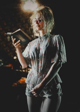 Блуза в принт птицы цветы с баской рюшей летучая мышь new look шифоновая