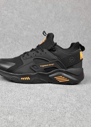 Nike huarache fragment design черные с оранжевым кроссовки мужские найк хуараче летние весенние низкие текстильные сетка легкие отменное качество