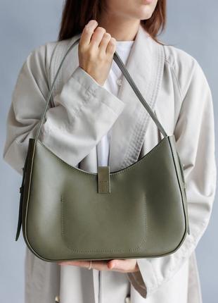Жіноча сумка-трапеція з натуральної шкіри з легким матовим ефектом кольору хакі2 фото