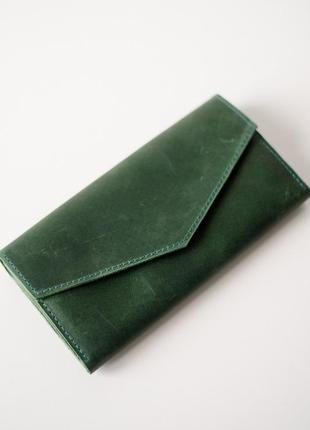 Вместительное портмоне  из натуральной винтажной кожи зеленого цвета3 фото