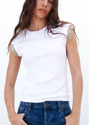 Футболка женская белая рукава люрекс зара zara