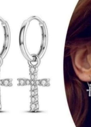 Серьги серебро крестики с кубическими цирконами silver_pandora original ♥️