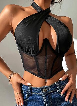 Топ корсетный,топ полупрозрачный, с косточками,корректного типа, с коррекцией, чорной,на завязках, шее, с вырезом