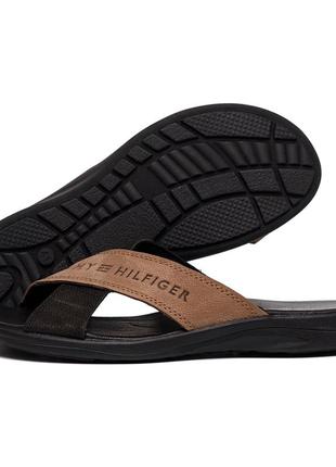 Мужские кожаные  летние шлепанцы-сланцы tommy hilfiger black&coffee