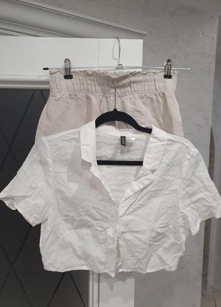 Стильный льняной комплект костюм топ и шорты h&m