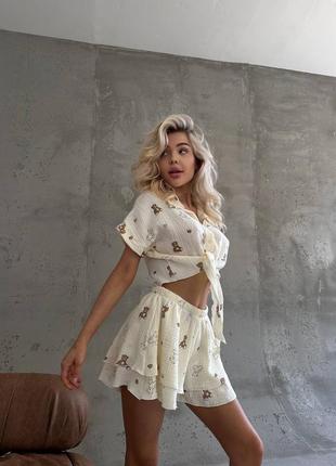 Женская хлопковая пижама с мишками рубашка и шорты муслиновая