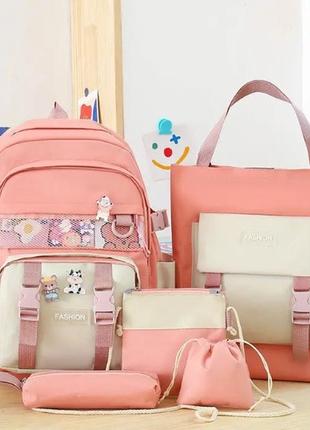 Дитячий шкільний рюкзак 5 в 1 з брелоком ведмедик сумка шопер пенал чорно білий