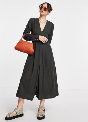 Mango серое платье миди длинный рукав деловая интересный крой