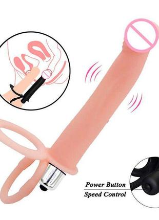 Ерекційне кільце з вібрацією подвійне проникнення з додатковим фалосом бежевий k0170-2