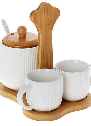 Кавовий набір naturel чашки 90 мл + цукорниця 350 мл із фарфору на бамбуковій підставці