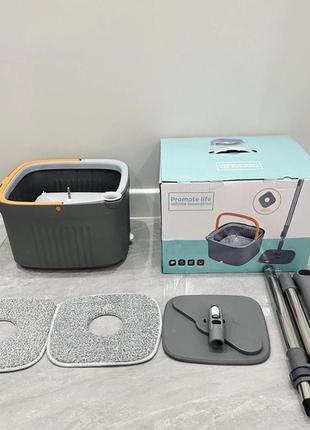 Швабра с бесконтактным отжимом и квадратным ведром 5,8 л, серая / швабра с самоотжимом...