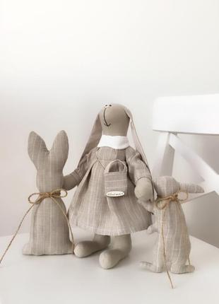 Зайчик зая заєць тільда дівчинка, сірий льон еко іграшка подарунок декор5 фото