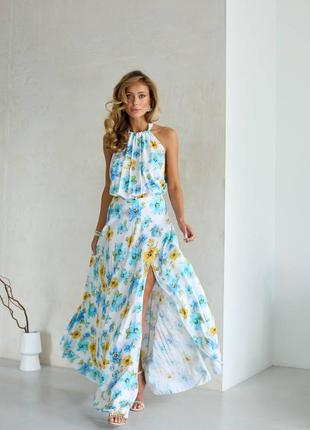 Накладний платіж ❤ бавовняна сукня сарафан максі з розрізом в квітковий принт1 фото