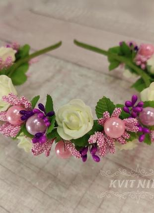 Віночок з трояндами. весільний вінок для волосся у рожевих тонах. вінок з квітів для фотосесії2 фото
