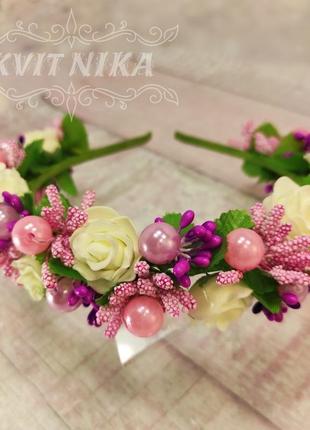 Віночок з трояндами. весільний вінок для волосся у рожевих тонах. вінок з квітів для фотосесії5 фото