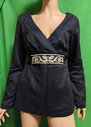 Темно-синя блуза з батисту в стилі кімоно з етнічною вишивкою loft ann laylor