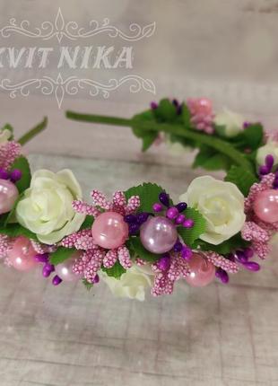 Віночок з трояндами. весільний вінок для волосся у рожевих тонах. вінок з квітів для фотосесії3 фото