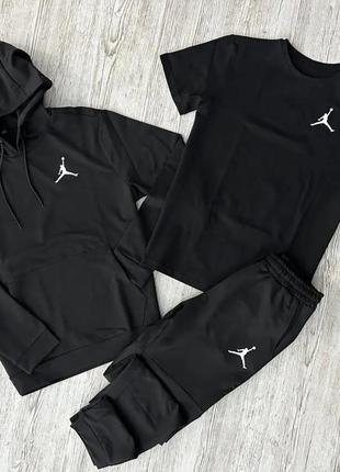 Спортивний костюм чоловічий jordan 3в1 чорний весняний, комплект джордан худі та штани + чорна футболка