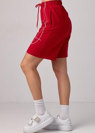 Женские трикотажные шорты с вышивкой - красный цвет, s (есть размеры)5 фото