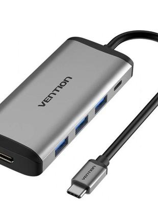 Хаб vention type-c to hdmi/usb3.0*3/pd converter 0.15m gray metal type (cnbhb)