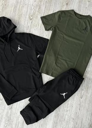 Спортивний костюм чоловічий jordan 3в1 чорний весняний, комплект джордан худі та штани + хакі футболка
