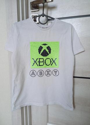 Фірмова біла бавовняна футболка x-box з приставкою з паєтками перевертишами для хлопчика 7-8 років