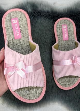 Тапочки женские домашние белста с открытым носком вельветовые розовые 2851