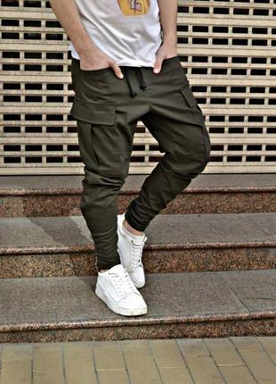 Чоловічі штани-карго хакі осінні весняні на гумці, стільні штани хакі чоловічі з кишенями демісезонні
