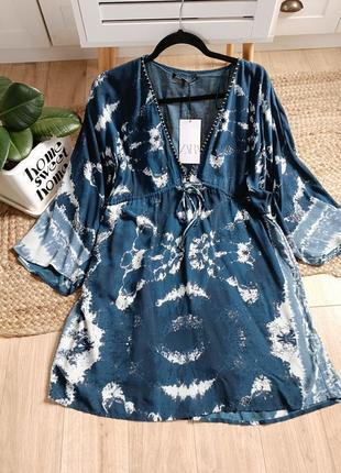 Коротка темносиня сукня з принтом тай-дай від zara*